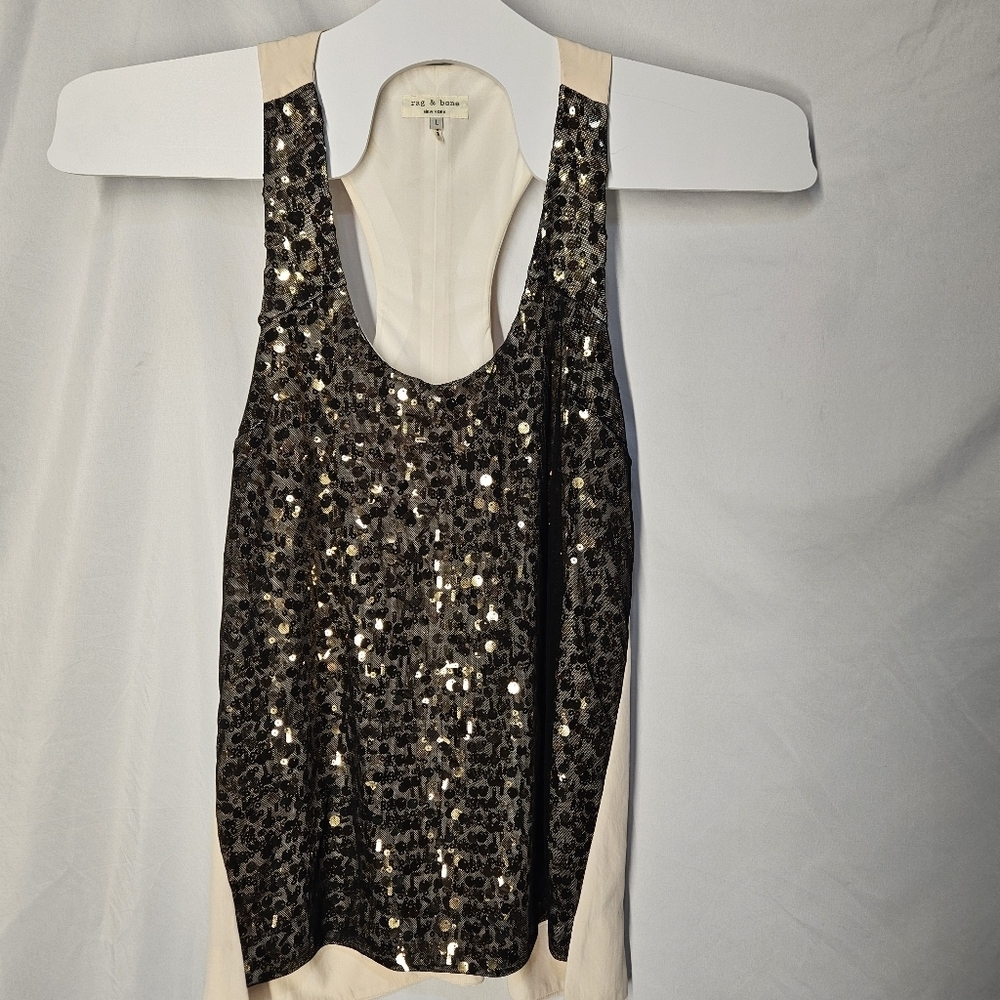 Rag & Bone Bahia Cream Sequin Embellished Silk Racer Back Tank Top Size Large